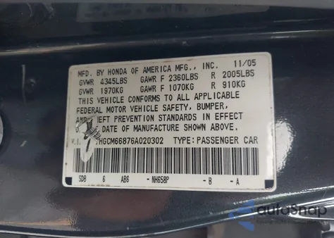 2006 Honda Accord 3.0 Ex из США, поврежденный, VIN 1HGCM66876A020302